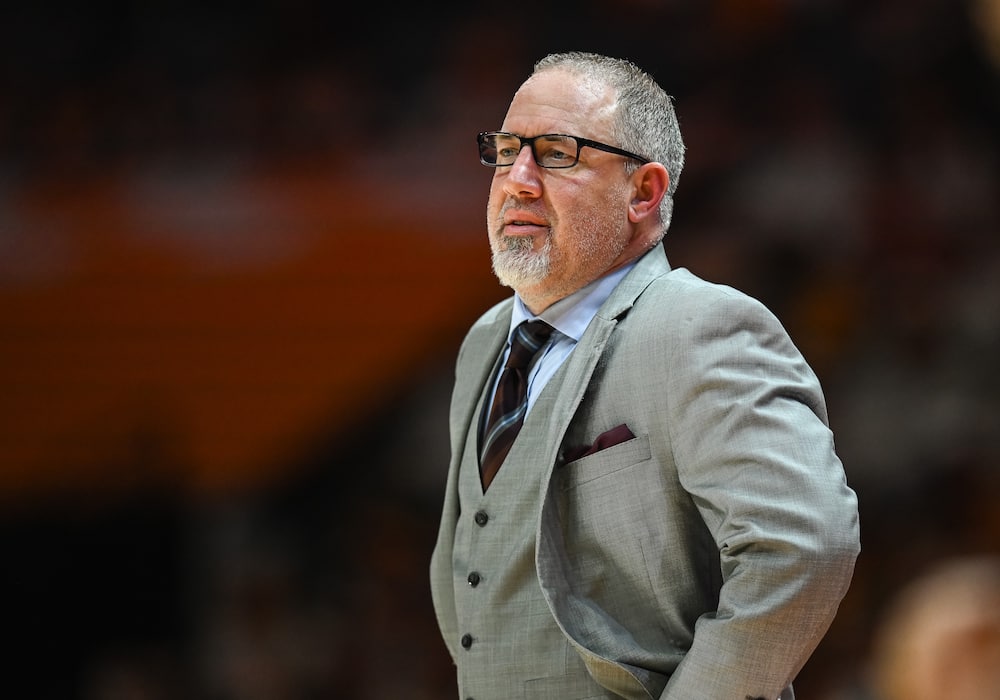 Buzz Williams coaches during the college basketball game between the Tennessee Volunteers and the Texas A&M Aggies