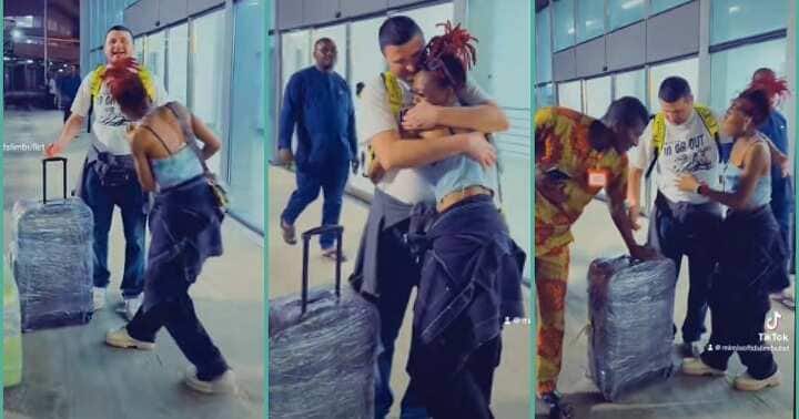 Lady over the moon as she meets oyinbo lover at airport