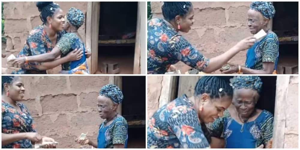 Young Nigerian lady stuns woman who is over 100 years old, visits and rains money on her, video goes viral