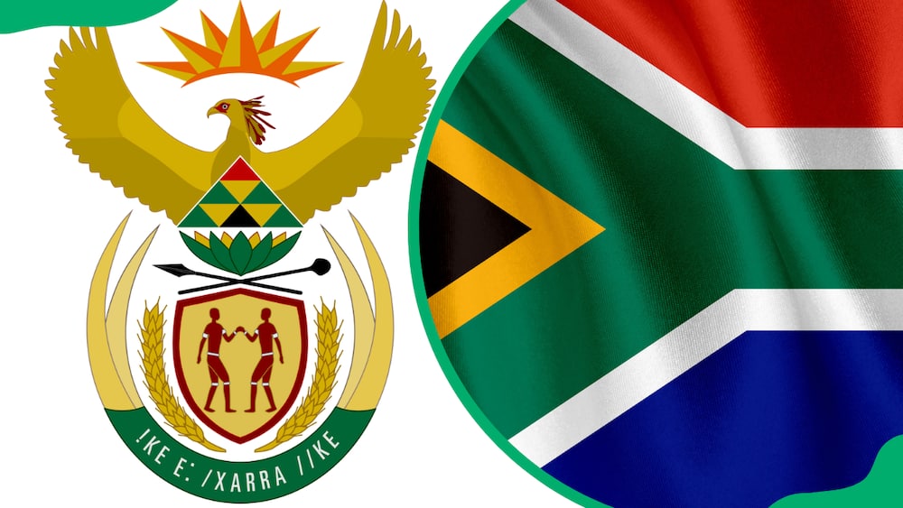 The South Africa Coat of Arms and the South African flag
