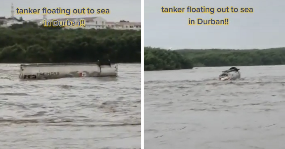 Petrol tanker truck, sea, KwaZulu-Natal, Durban, Indian Ocean, floods, heavy rains