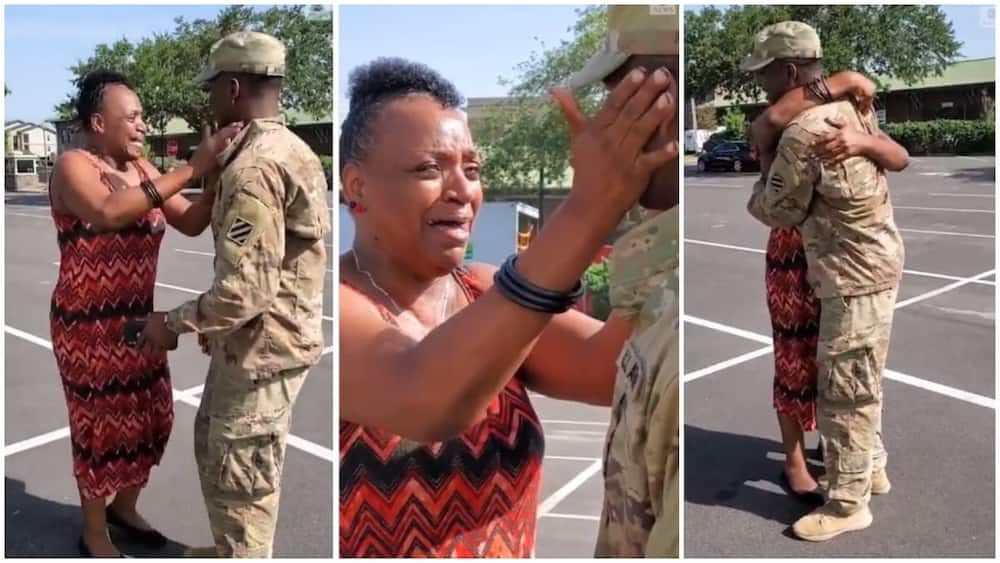 Viral video of US soldier surprising his mum at work after being away for a while