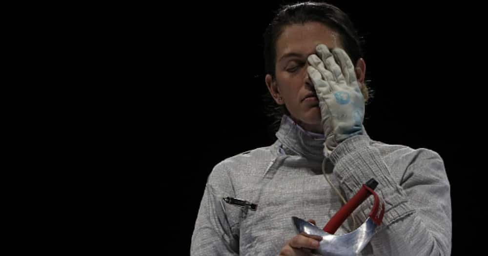 Maria Belen Perez Maurice reacts against Alejandra Jhona Benitez Romero of Venezuela (not pictured) as they compete in the Women's Sabre Individual on Day 11 of Lima 2019 Pan American Games. (Photo by Patrick Smith/Getty Images)