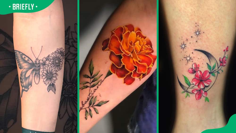 Half butterfly-half flower (L), marigold (C), and moonflower tattoo (R)
