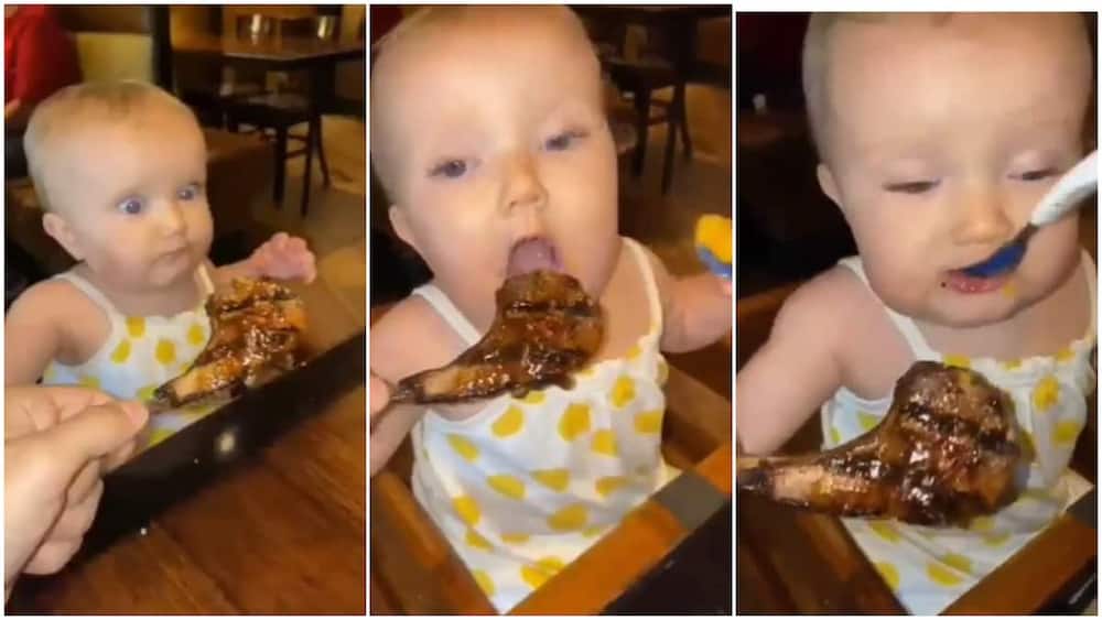 The baby really loves the sight of the fried meat.