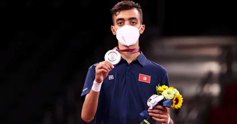 Silver medalist Mohamed Khalil Jendoubi of Team Tunisia poses with the silver medal for the Men's -58kg Taekwondo Gold Medal at Makuhari Messe Hall on July 24, 2021 in Chiba, Japan. Photo by Maja Hitij/Getty Images.