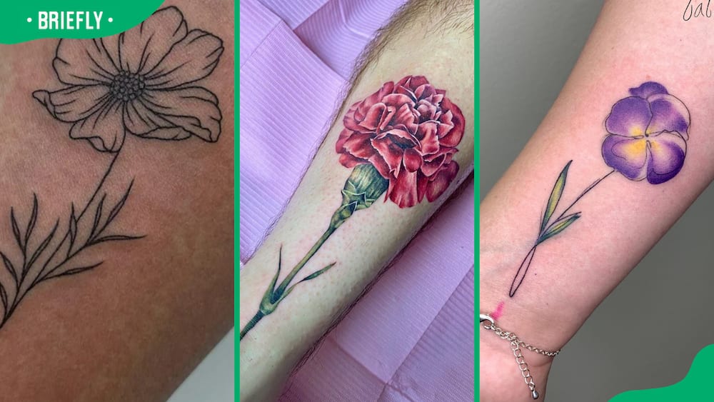 Cosmos (L), carnation flower tattoo (C), violet flower (R)
