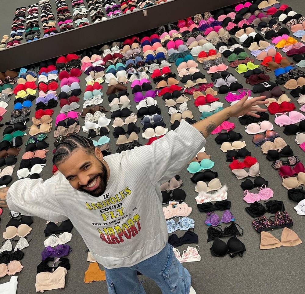 Drake displays all he bras thrown at him during his It's All a Blur tour.