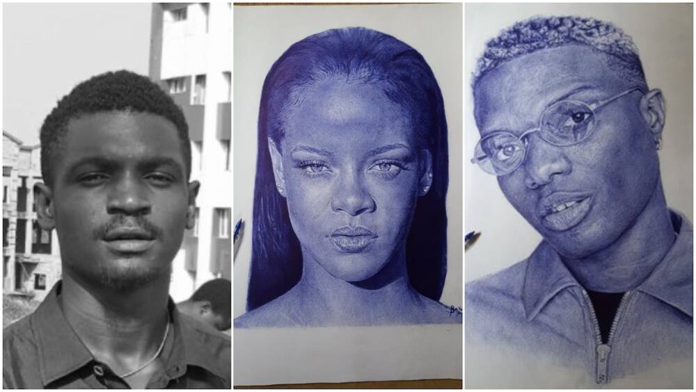 Young Nigerian artist from Ibadan draws Wizkid, Rihana with pen on paper