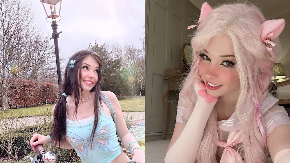 Belle Delphine in blue and pink outfits