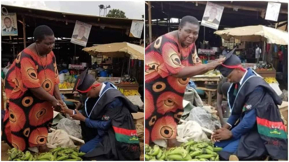 Young man kneels for his mum in market place, thanks her for all her sacrifices