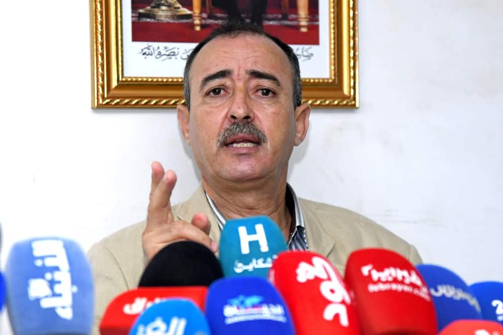 Taher Saadoun, father of Moroccan Brahim Saadoun who was sentenced to death by a pro-Russian court in Ukraine, speaks at the press club in Morocco's capital Rabat