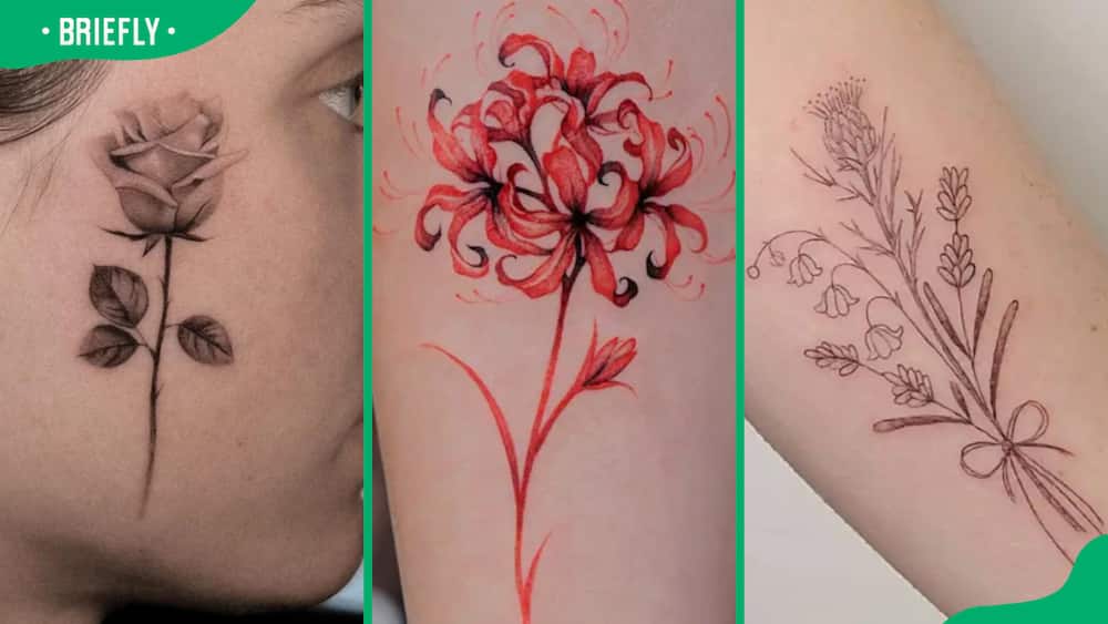 Face (L), red spider lily (C), and wildflower bouquet flower tattoos (R)