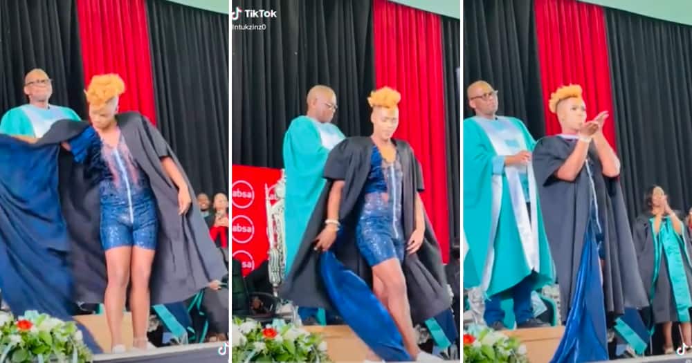 A stylish man wowed the crowd at his graduation with confidence.