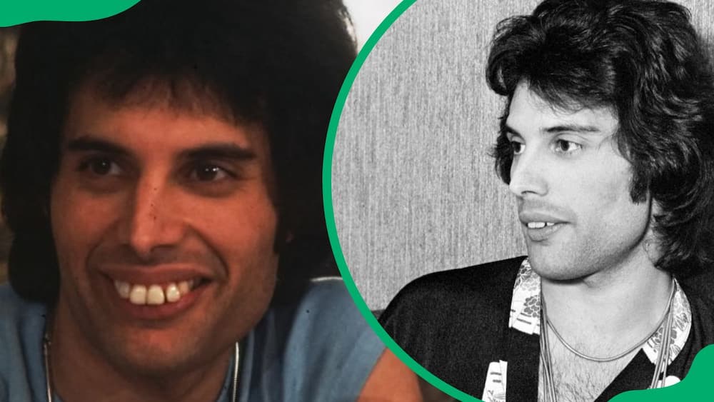 Freddie Mercury during a press conference for the launch of Queen's album, Jazz (L). The artist in Copenhagen, Denmark (R)