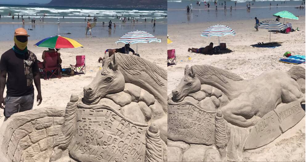 Man celebrates reopening of beaches with magnificent sand sculpture
