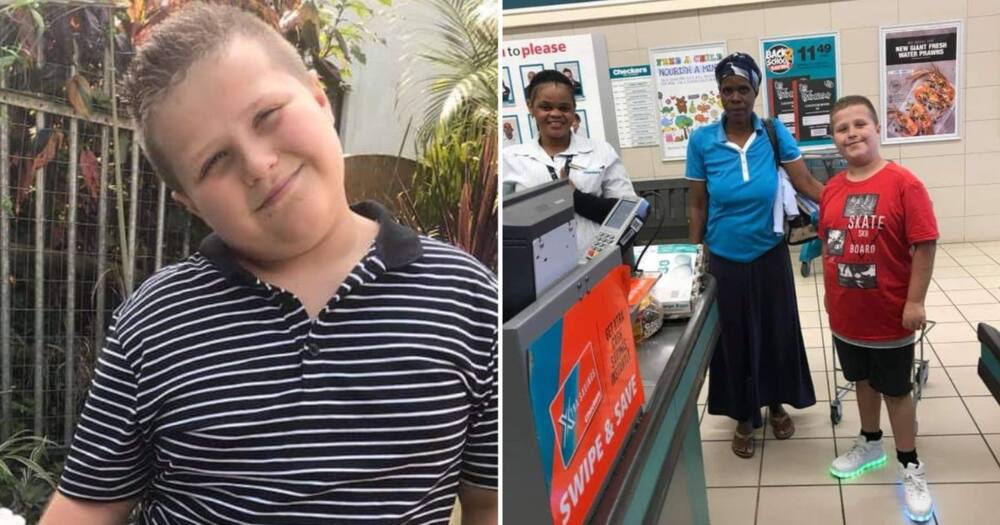 Young boy buys groceries for a needy woman