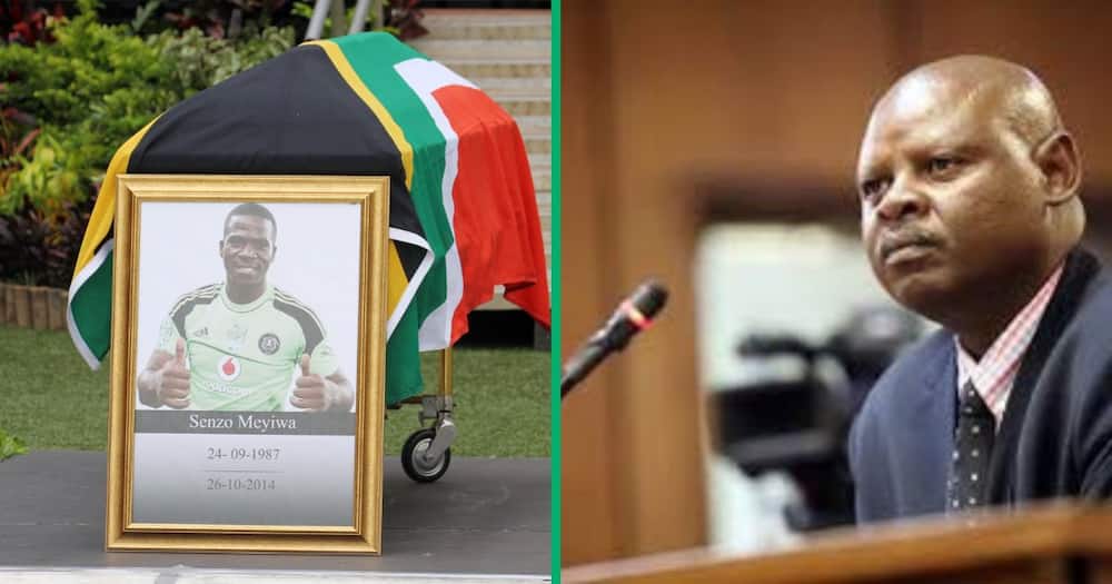 Collage image of the late Senzo Meyiwa and police officer Thabo Mosia