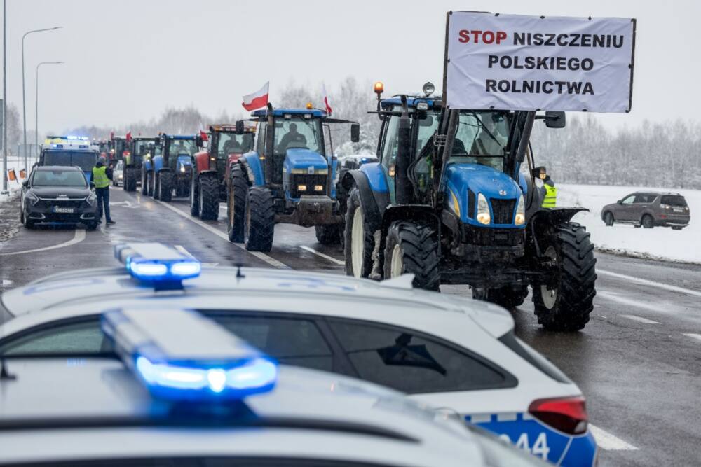 A banner reading 'Stop destroying Polish agriculture' at the Polish-Ukrainian border crossing in Dorohusk, eastern Poland, on Friday