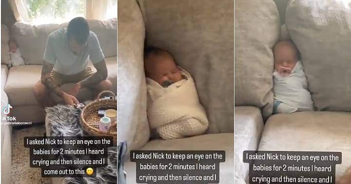 Dad tucks baby into couch, babysit