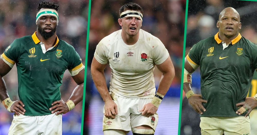 Springbok's Siya Kolisi, and Bongi Mbonambi and England's tom curry competing at Rugby World Cup France 2023 semi final match between England and South Africa at Stade de France in Paris, France.