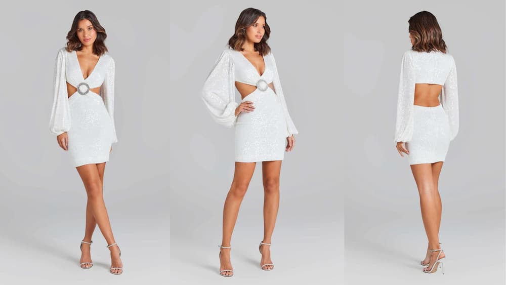 Cut-out white sequin mini with blouson sleeves and low V-neckline