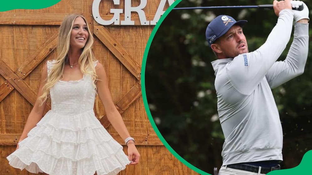 Bryson's ex-girlfriend, Hunter, rocking a white outfit (L). DeChambeau during the 2024 LIV Golf Invitational (R)