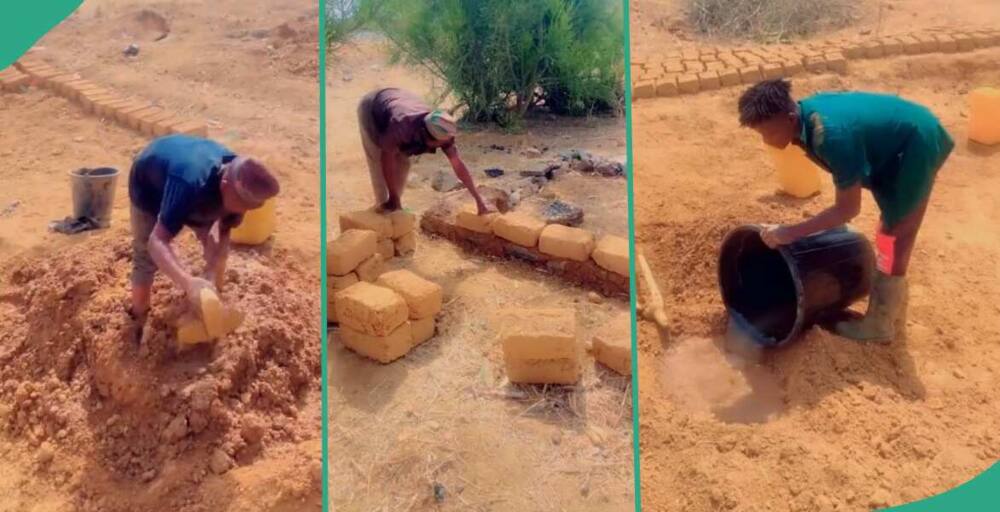 A video emerged of a man mixing sand to make bricks for building a house