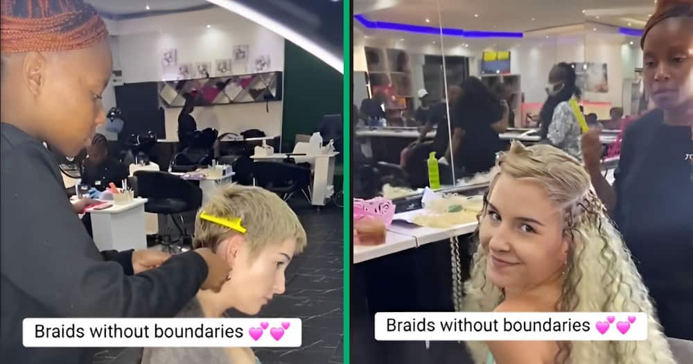 A white woman from Tshwane gets her short hair braided with blonde extensions.