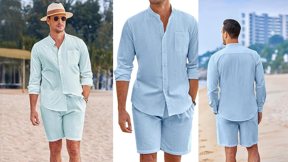 Long-sleeved banded collar shirt with curved hem and matching loosely-fitting shorts