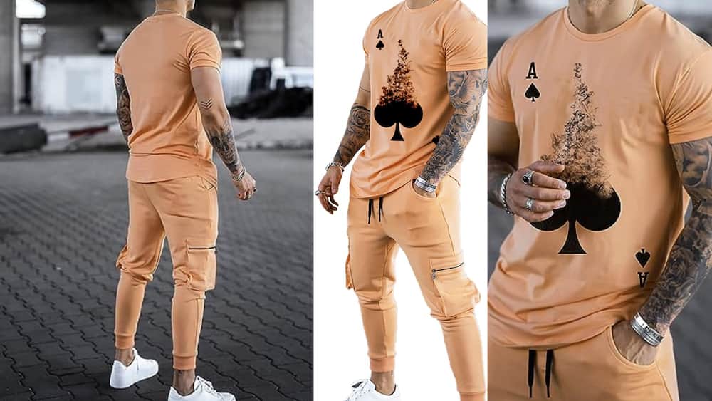 Peach short-sleeved top with matching cargo sweatpants