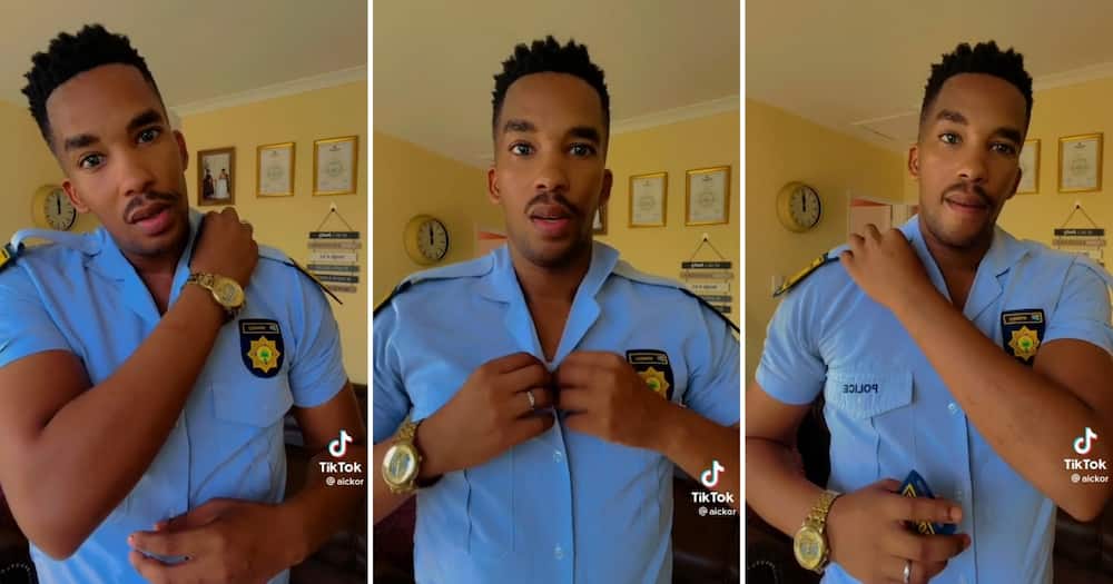 A handsome SA police officer with green eyes