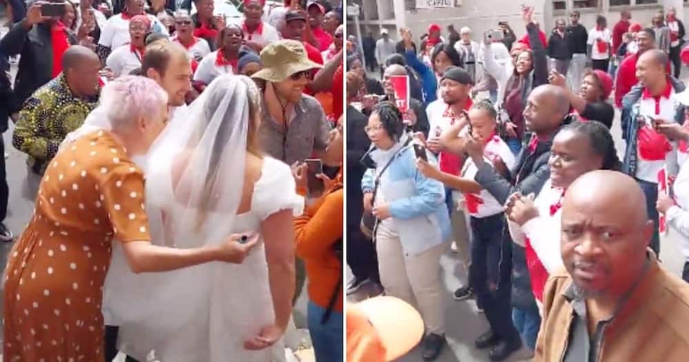 White couple at home affairs get married during a worker's strike
