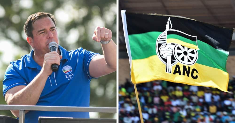 DA leader John Steenhuisen and an ANC flag.