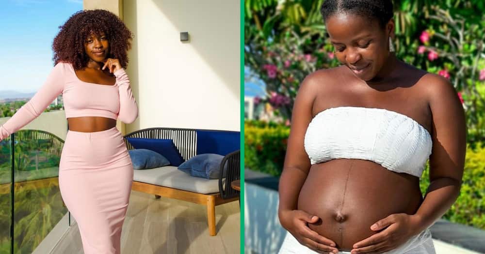 Young woman shows her body while she slim versus when she is pregnant.