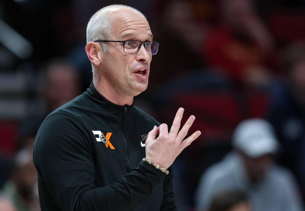 Dan Hurley is seen during the game against the Iowa State Cyclones