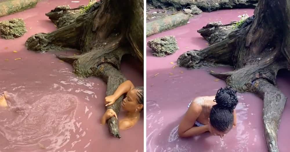 Woman takes bath in pink water in the Eastern Cape
