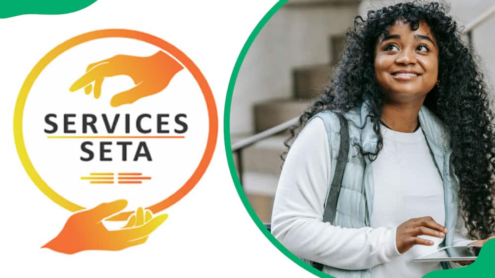 The Services SETA logo and a young woman using a tablet