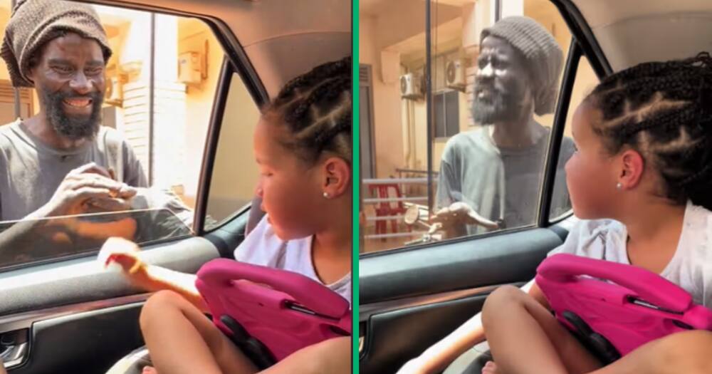 Child in Uganda gives beggar money from car window