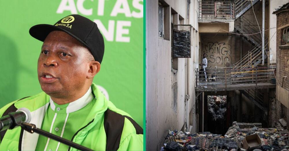 Collage image ActionSA leader Herman Mashaba and an abandoned building in Johannesburg