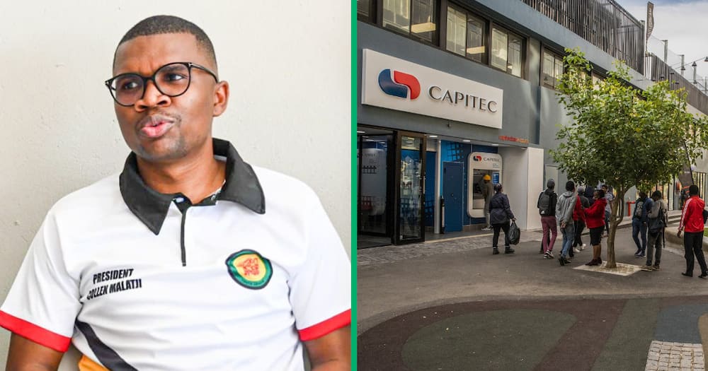 Collage Image of ANCYL president Collen Malatji and customers waiting in line to use an automatic teller machine (ATM) at a Capitec Bank