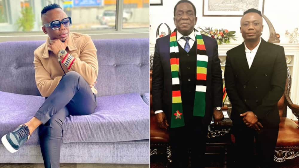 Zimbabwean president Emmerson Mnangagwa standing next to DJ Tira