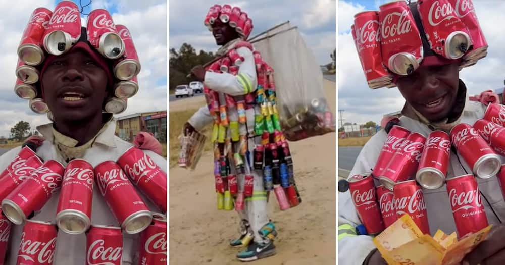 BI Phakathi helps man wearing cans to promote recycling