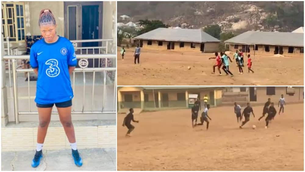 Sign her already: Reactions as Nigerian lady dribbles men on football pitch in viral video