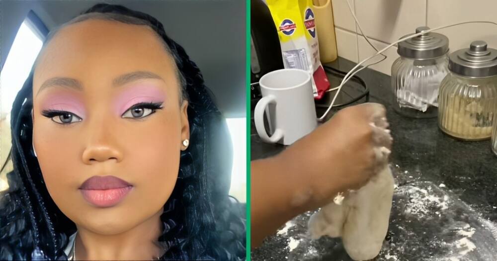 A TikTok video shows a young woman cooking pizza on a pan.