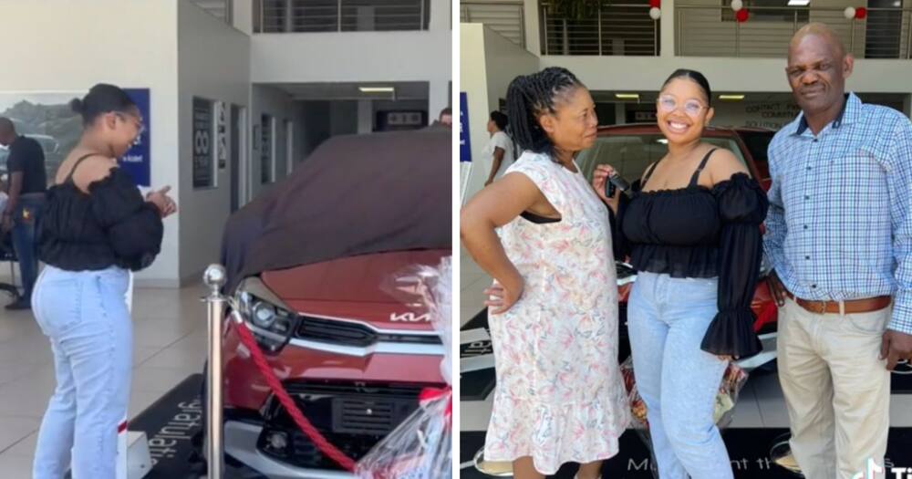Young woman buys herself a brand new car