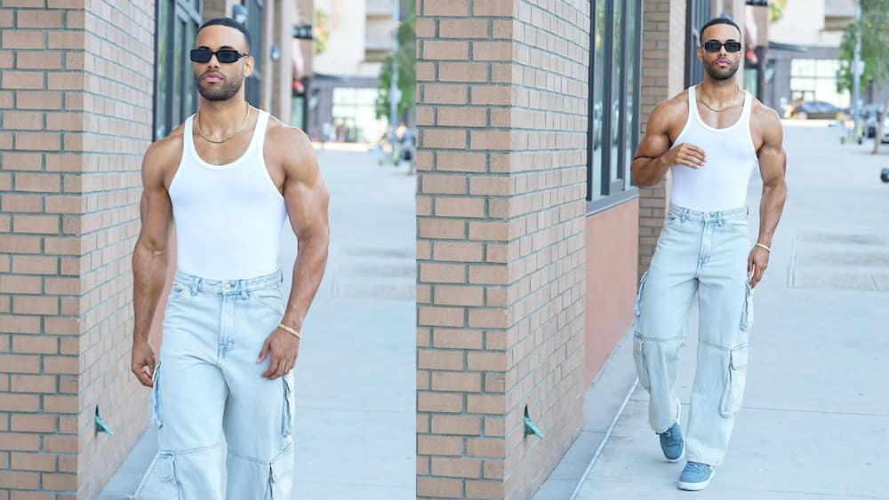 White tank top with loose-fitting light blue cargo jeans