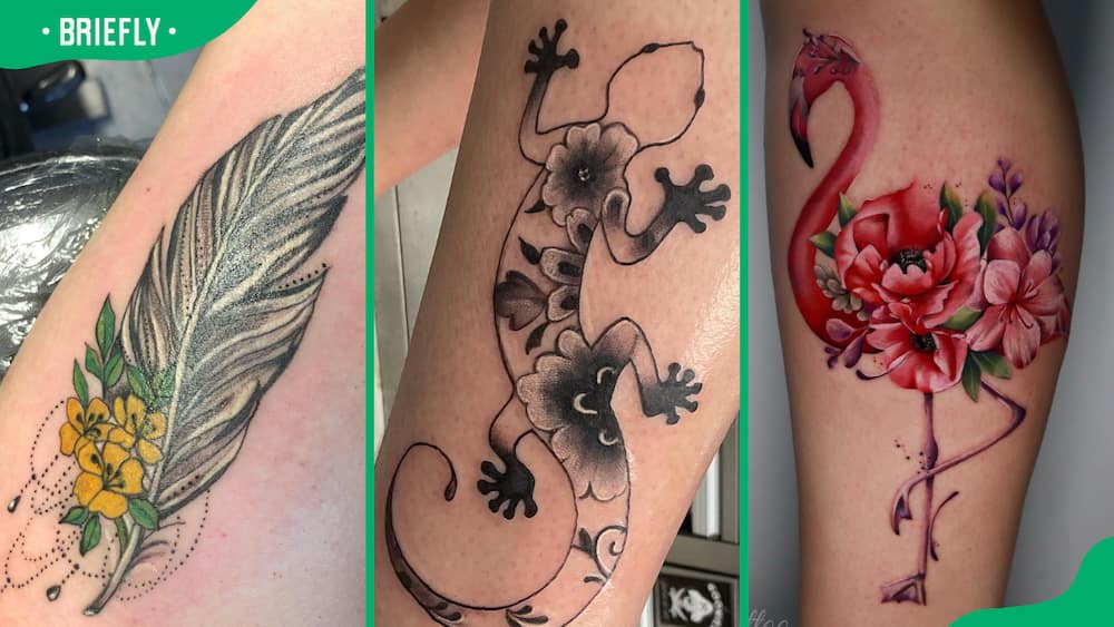 Feather & yellow flower (L), lizard (C), and floral flamingo tattoos (R)