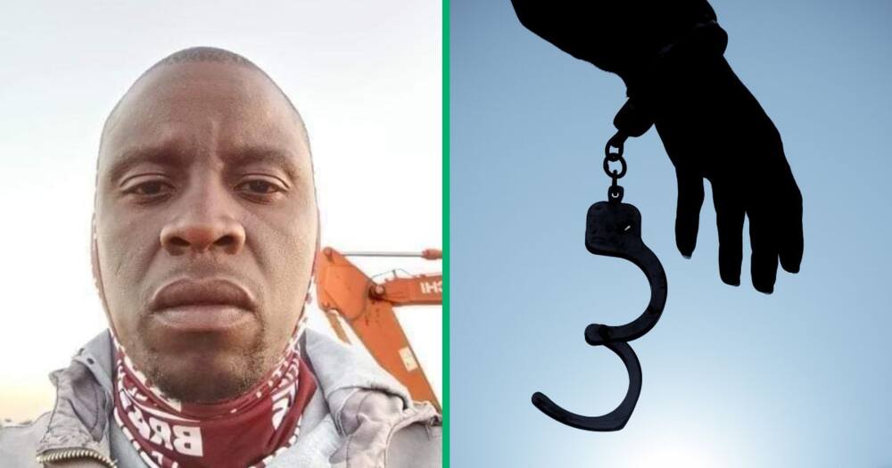 Collage image of murder suspect Thabo Ali Molobela and a handcuffed man