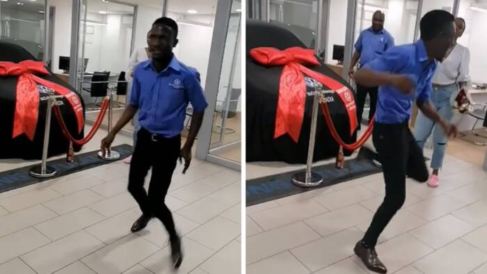 Car salesman dancing skills put on show as woman collects whip from dealership